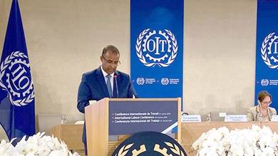 وزير الشؤون الاجتماعية والعمل د. محمد الزعوري خلال كلمته أمام مؤتمر العمل الدولي